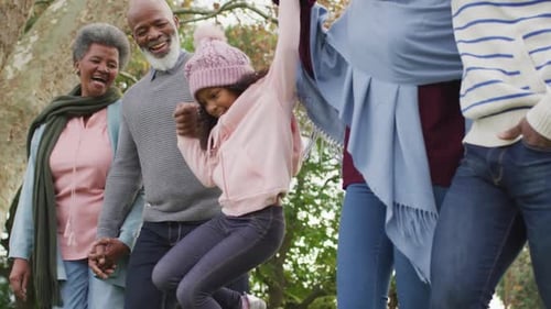 Video of happy african american parents and grandparents walking with granddaughter in garden