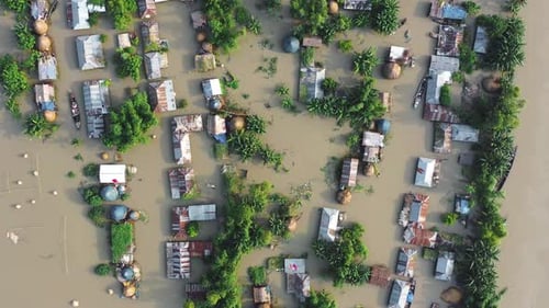 Aerial view of flooded village, Bangladesh.