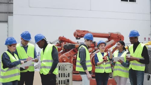 Ingenieure, die in einer Automatisierungs- und Robotikanlage arbeiten - Neues industrietechnisches Konzept