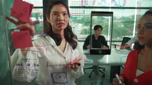 Team Collaborating on Sticky Notes on Glass Wall