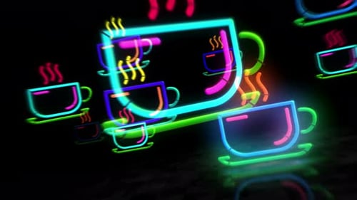 Coffee cup neon symbol 3d flight between