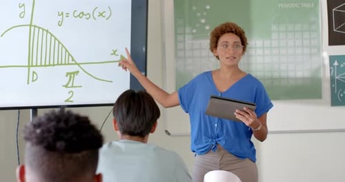 Teaching math, woman holding tablet and pointing at whiteboard in high school classroom