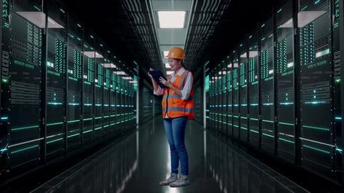 Full Body Side View Of Asian Female Engineer Taking Note On The Tablet in Data Center