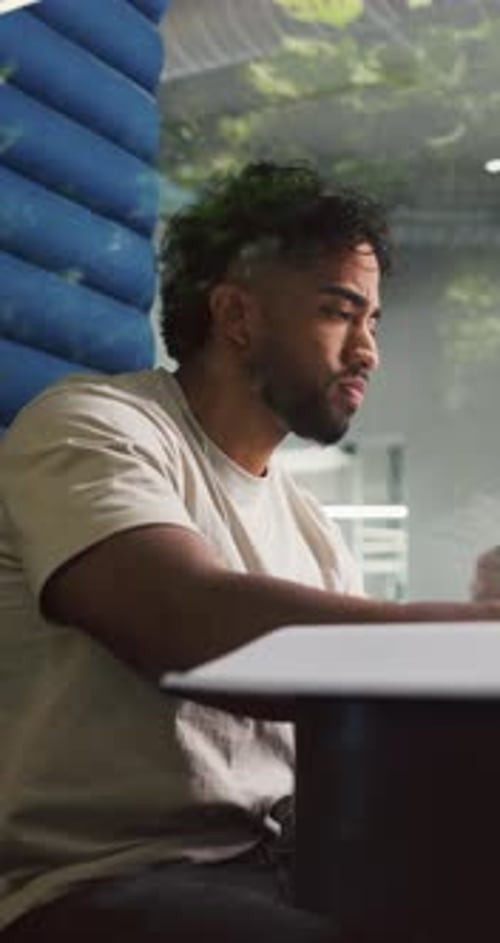 Thinking, office and business man in cubicle for story ideas, review article and editing report