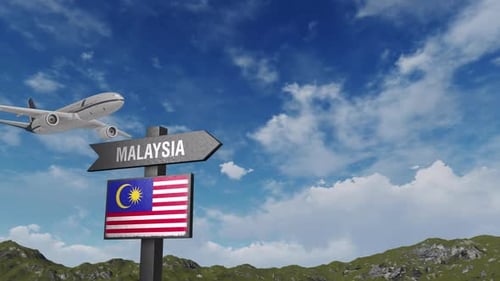 Malaysia Flag With Airplane And Arrow Sign