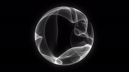 Abstract smoke sphere looped on black background. Gray glowing digital sphere of a stream of plasma