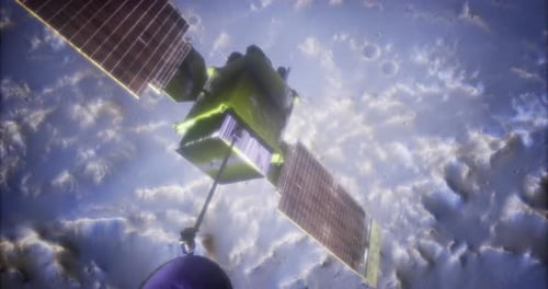 Satellit umkreist einen Planeten mit detaillierter Oberfläche in der Weltraumumgebung