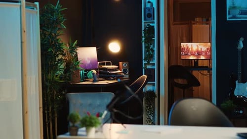Empty Home Office with Desk at Night