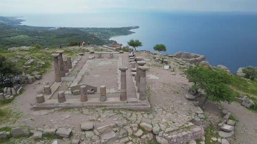 Aerial Overview of Assos Temple Ruins and Scenic Turkish Coastline