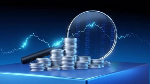 Financial Analysis with Magnifying Glass and Coins