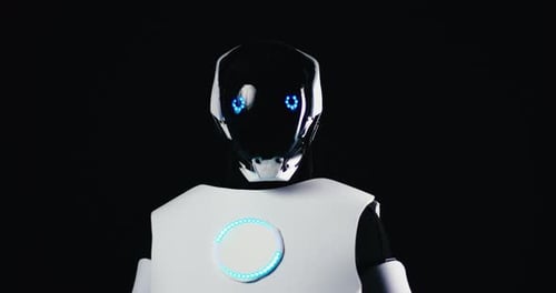 Fortschrittlicher humanoider Roboter mit LED-Augen, die menschliches Verhalten simulieren, machen vor der Kamera eine Wellenbewegung