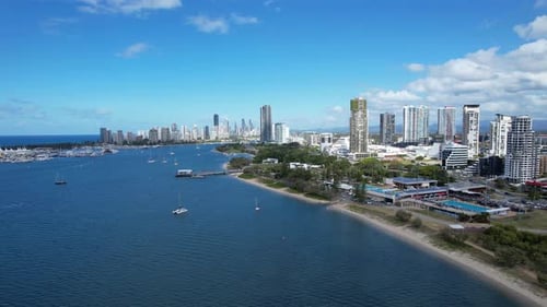 Swimming Pools And Cityscape At Southport Broadwater Parklands In Queensland, Australia. wide drone