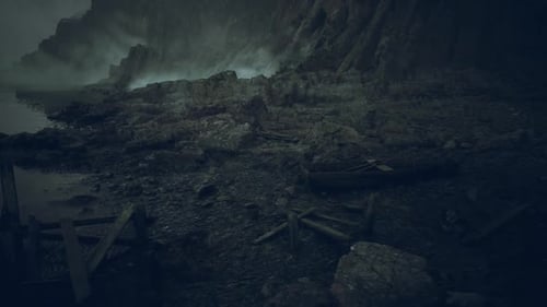 Rocky Coastal Landscape Under a Cloudy Sky with Weathered Structures