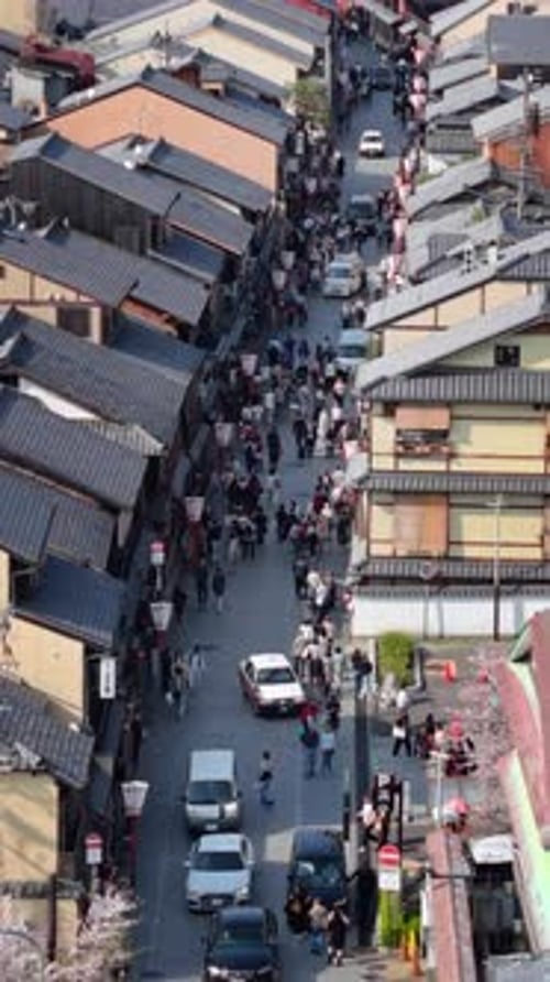 Aerial drone view of the Hanamikoji Street in Kyoto, Japan in daylight