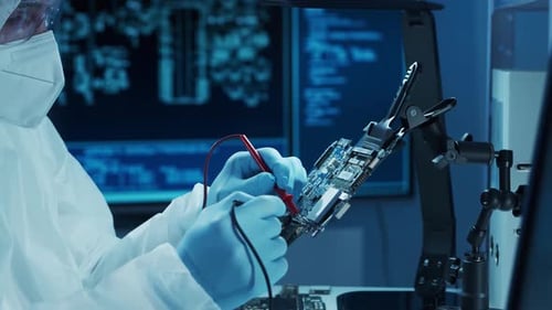 Microelectronics Engineer Works in a Modern Scientific Laboratory on Computing Systems and