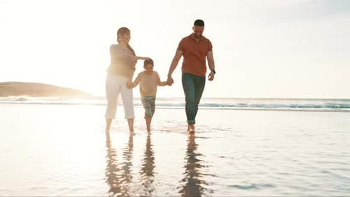 Beach, walking and boy holding hands with parents for adventure, fun or bonding together