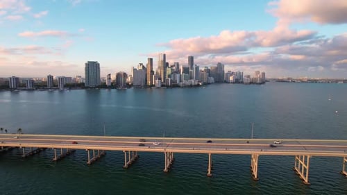 Aerial view of bridge and Miami skyline, United States.