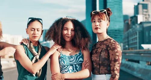 Fashion, attitude and woman friends in city together for girl power, support or trendy style