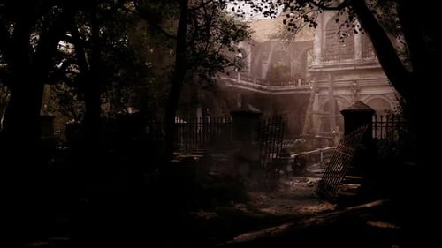 Abandoned Mansion in a Dense Forest with Overgrown Vegetation at Dusk