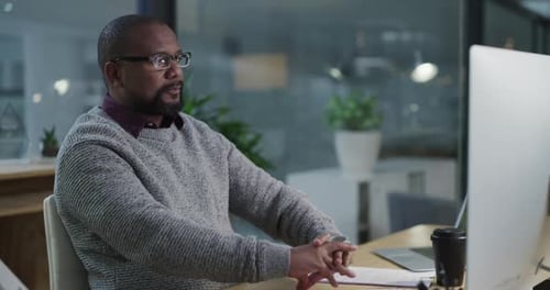 Neck pain, night and computer with black man in office for tired, stress and burnout