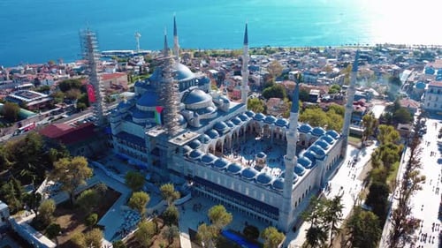 Istanbul Blue Mosque Minarets Over Sultanahmet Square over Bosphorus strait