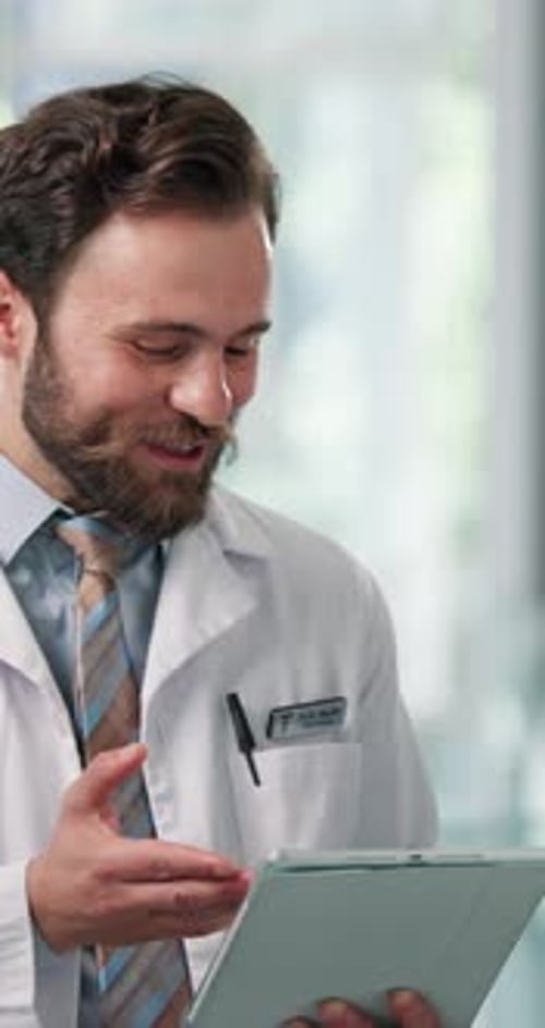 Healthcare, tablet or teamwork with administrator and doctor in hospital together for report