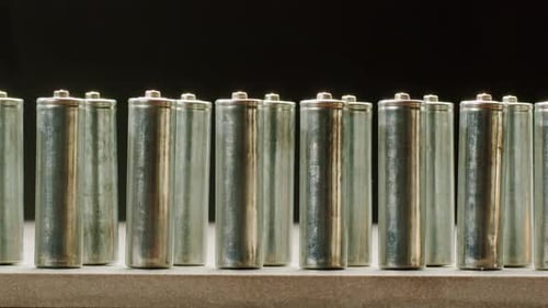 Row of Silver Cylindrical Batteries on a Table