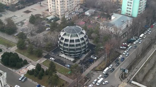 Sphere building in Bishkek, drone zoom-in shot