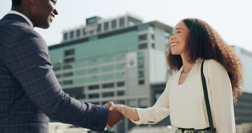 Business people, people handshake and city for b2b partnership, outdoor deal and travel meeting