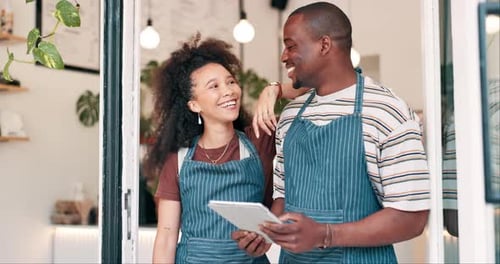 Business owner, team and door for welcome, happy customer service and startup cafe with tablet