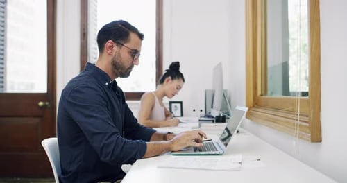 Office laptop, documents and man typing online project, financial review