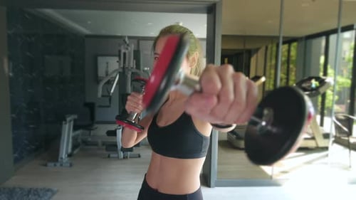 Woman Training with Dumbbells in Sunny Gym