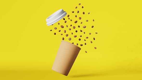 Cover for Floating paper coffee cup white lid flying beans explosion 3D animation loop yellow Coffee shop 4K