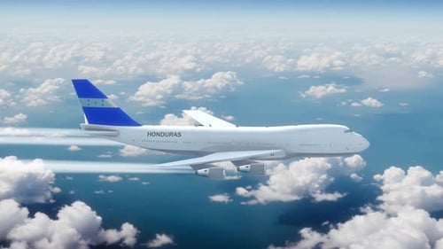 Commercial Airliner Passanger Plane Jumbo Jet Flying Over Clouds With Country Flag Honduras