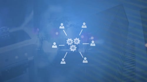 Animation of network of business and work icons and cogs on blue background