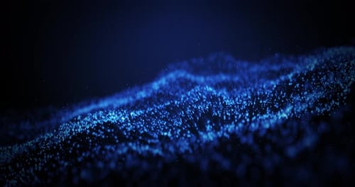Abstract waves particles of blue color, the particles flicker and glow on a blue background
