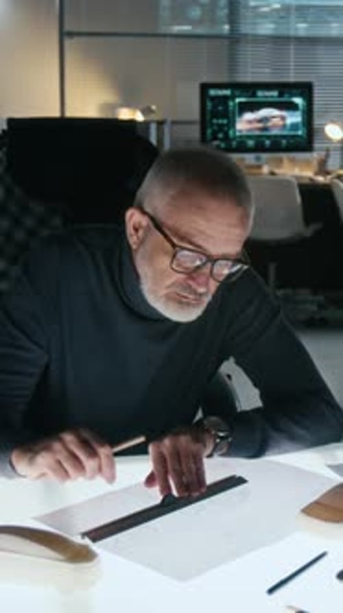 Vertical of Senior Male Engineer Drawing New Car Concept in Office