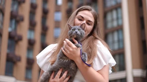 Portrait of Smiling Confident Beautiful Caucasian Woman Holding Curious Cat Standing at Background