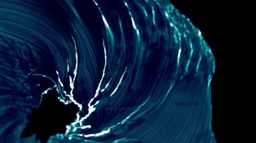 Blauer, wellenförmiger, wirbelnder Whirlpool auf dunklem Hintergrund, 3D-Animationsschleife