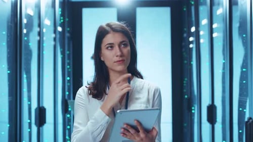 Woman and man working in data center with tablet