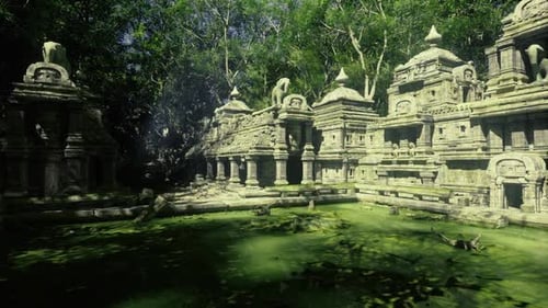 Les vestiges d'un temple historique baignés par la lumière matinale et les ombres
