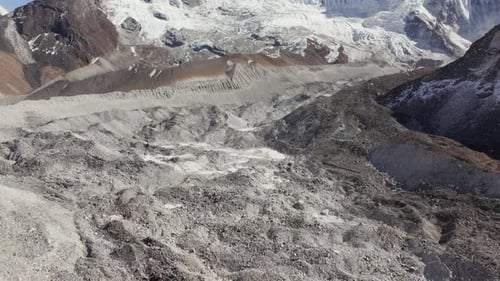 Aerial View of a Snowcapped Mountain Range in Nepal Revealing a Vast Glacial Valley and Rugged