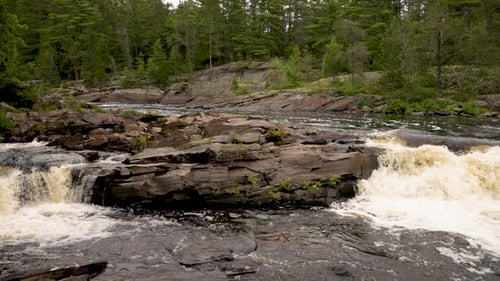 Pan across a picturesque river with white water rapids in a pristine forest wilderness.
