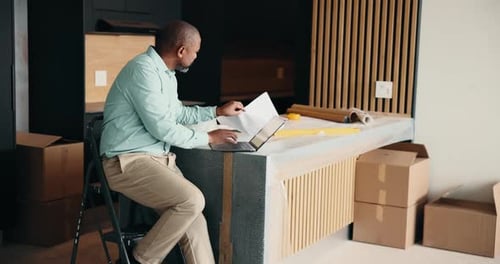Laptop, black man and architect on site with paperwork for planning building