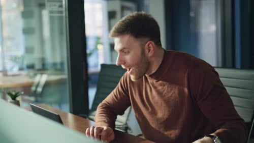 Overjoyed Manager Looking Laptop Holding Documents at Workplace Office Closeup