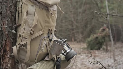 Bushcraft Backpack With Camping Gear Hanging On Tree During Forest Survival Setup