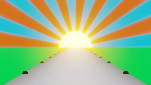 Cartoon Road with Shining Neon Sun and Cartoon Rays on Blue Sky
