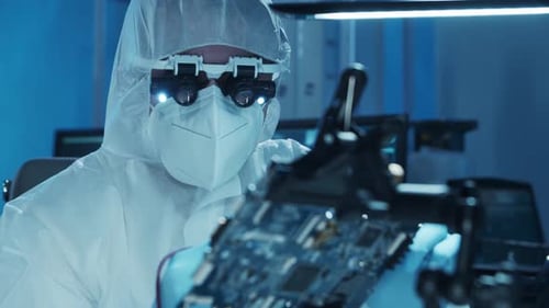 Microelectronics Engineer Works in a Modern Scientific Laboratory on Computing Systems and