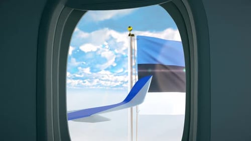 Realistic 3D Estonian Flag Flying from Airplane Window