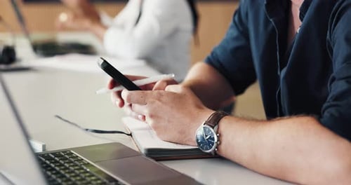 Hands, phone and typing with business man at desk in workplace for online planning or research